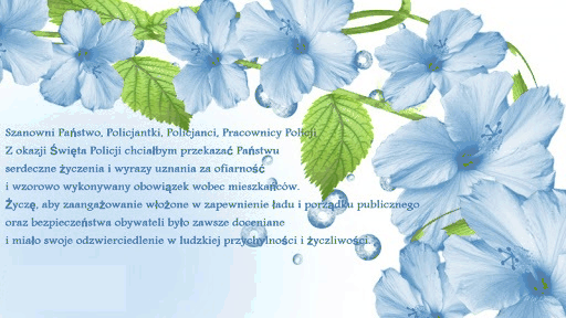Niebieskie kwiaty z życzeniami na święto policji